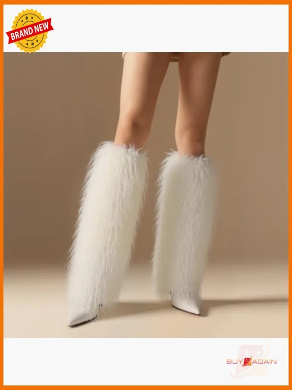 Knee High Faux Fur Boots Stiletto Heel Pointed Toe Wide Calf Slouchy